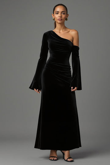 Velvet Black One Shoulder Flare Sleeves Long Formal Dress